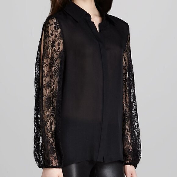 Alice + Olivia Serena Lace-Trimmed Blouse Black Silk XS Timeless Collared - Picture 1 of 15